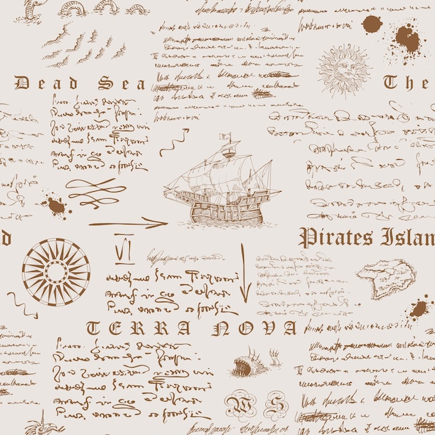 Textura perfeita no estilo de um registro náutico medieval do esboço de gravura do diário do capitão