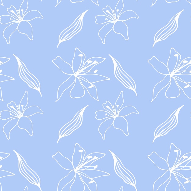 Textura sem costura padrão de flores de lírio em azul e branco