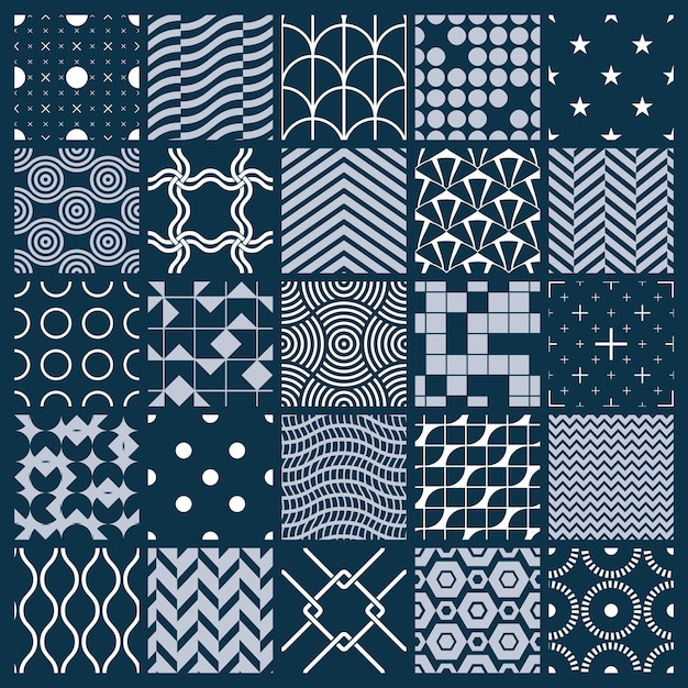 Texturas vintage gráficas vetoriais criadas com quadrados, losangos e outras formas geométricas. coleção de padrões monocromáticos sem costura melhor para uso em design de têxteis.