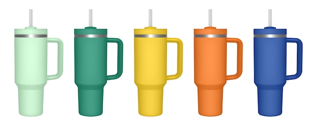 Vetor thermo cup thermos de viagem green amarelo laranja e mugs azuis tumbler