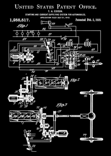 Vetor thomas edison: sistema de alimentação de arranque e corrente para automóveis, 1905