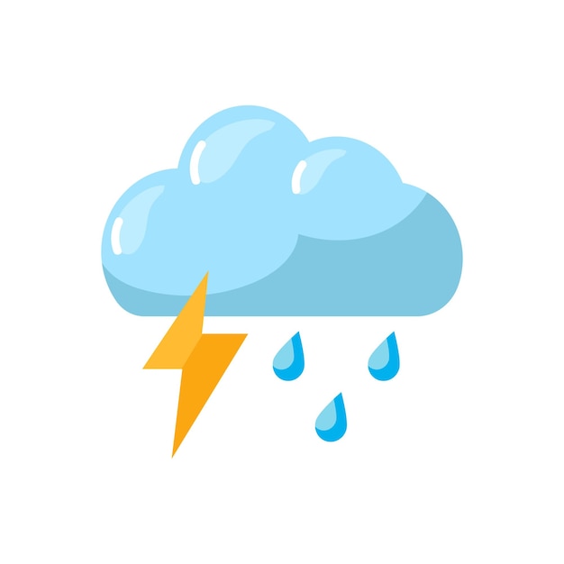 Thundercloud com pingos de chuva e ícone vetorial relâmpago em estilo simples