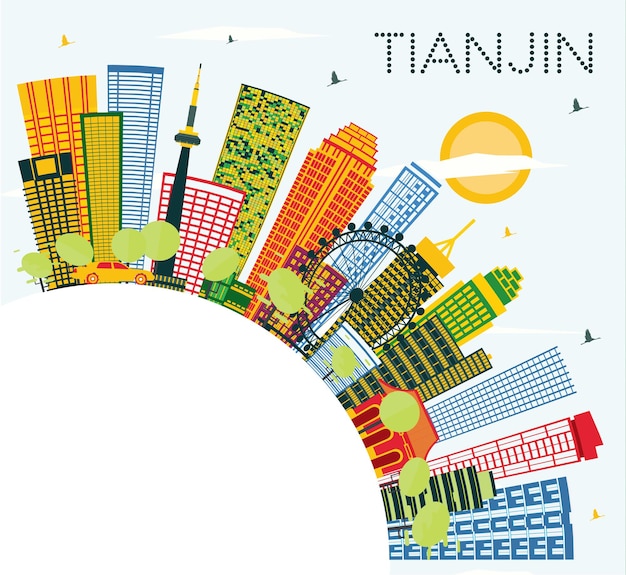 Tianjin china city skyline com edifícios coloridos, céu azul e espaço de cópia. ilustração vetorial. viagem de negócios e conceito de turismo com edifícios modernos. tianjin cityscape com marcos.