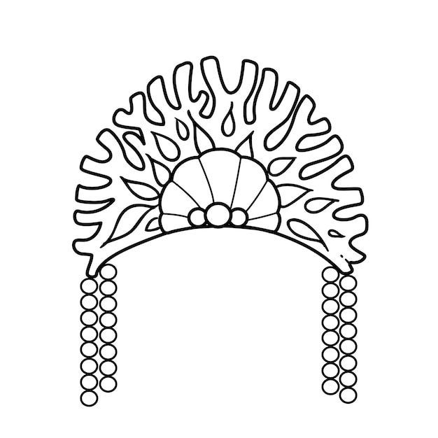 Tiara da princesa do mar de conchas de coral e desenho linear de pérolas para colorir em um fundo branco