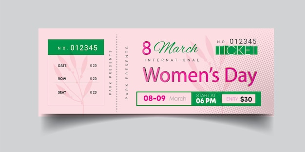 Vetor ticket de celebração do dia da mulher ou cartão de saudação para 8 de março tickets design template