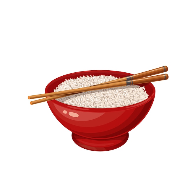 Tigela de arroz com ícone de pauzinhos chineses para o menu de comida asiática. ilustração do vetor de culinária chinesa.