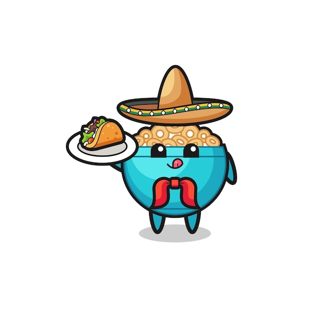 Tigela de cereais mascote chef mexicano segurando um taco