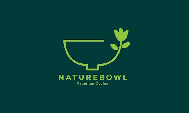 Tigela de comida natural de linhas verdes com ilustração de símbolo de ícone de vetor de design de logotipo de folha