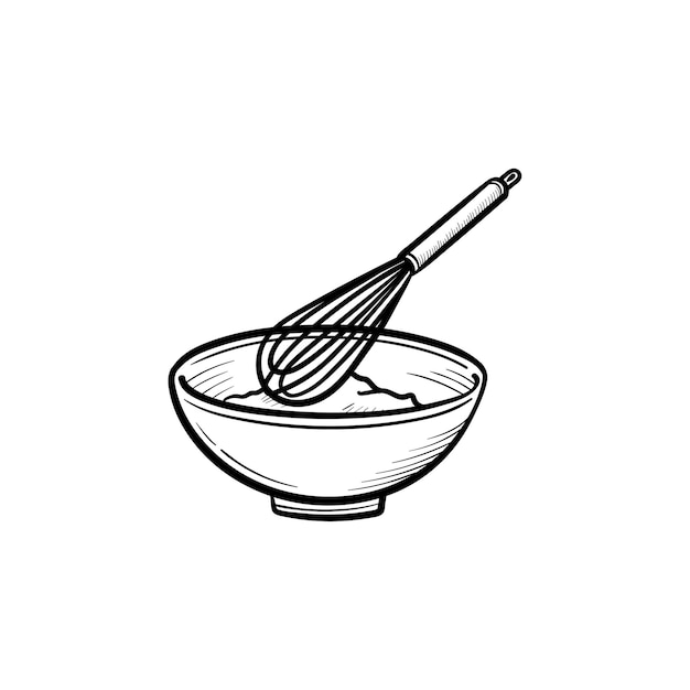 Tigela de mistura com um ícone de esboço desenhado de mão de batedor de arame. utensílio de cozinha - bata e tigela ilustração de desenho vetorial para impressão, web, mobile e infográficos isolados no fundo branco.