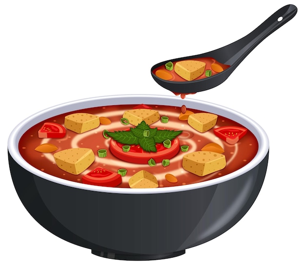 Vetor tigela de sopa de tomate com croutons e colher de sopa