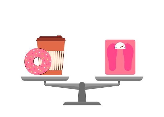 Vetor tigelas de balança escolha fast food ou dieta saudável bolo de donut com café ou peso em comparação