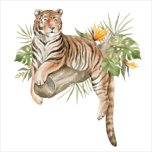 Tigre aquarela e flores e folhas tropicais