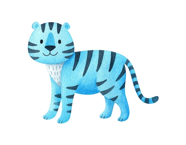 Tigre azul. animal de ilustração em aquarela em estilo infantil. decoração de natal