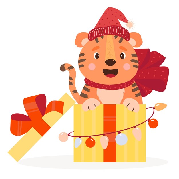 Tigre bonito com chapéu de Papai Noel na caixa de presente Presente de Natal com arco grande e guirlanda de Ano Novo