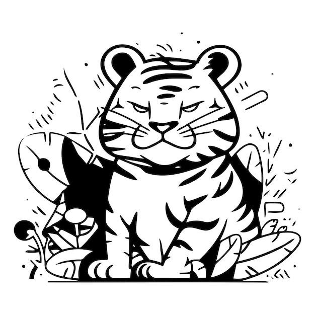Vetor tigre bonito com folhas ilustração vetorial em estilo doodle