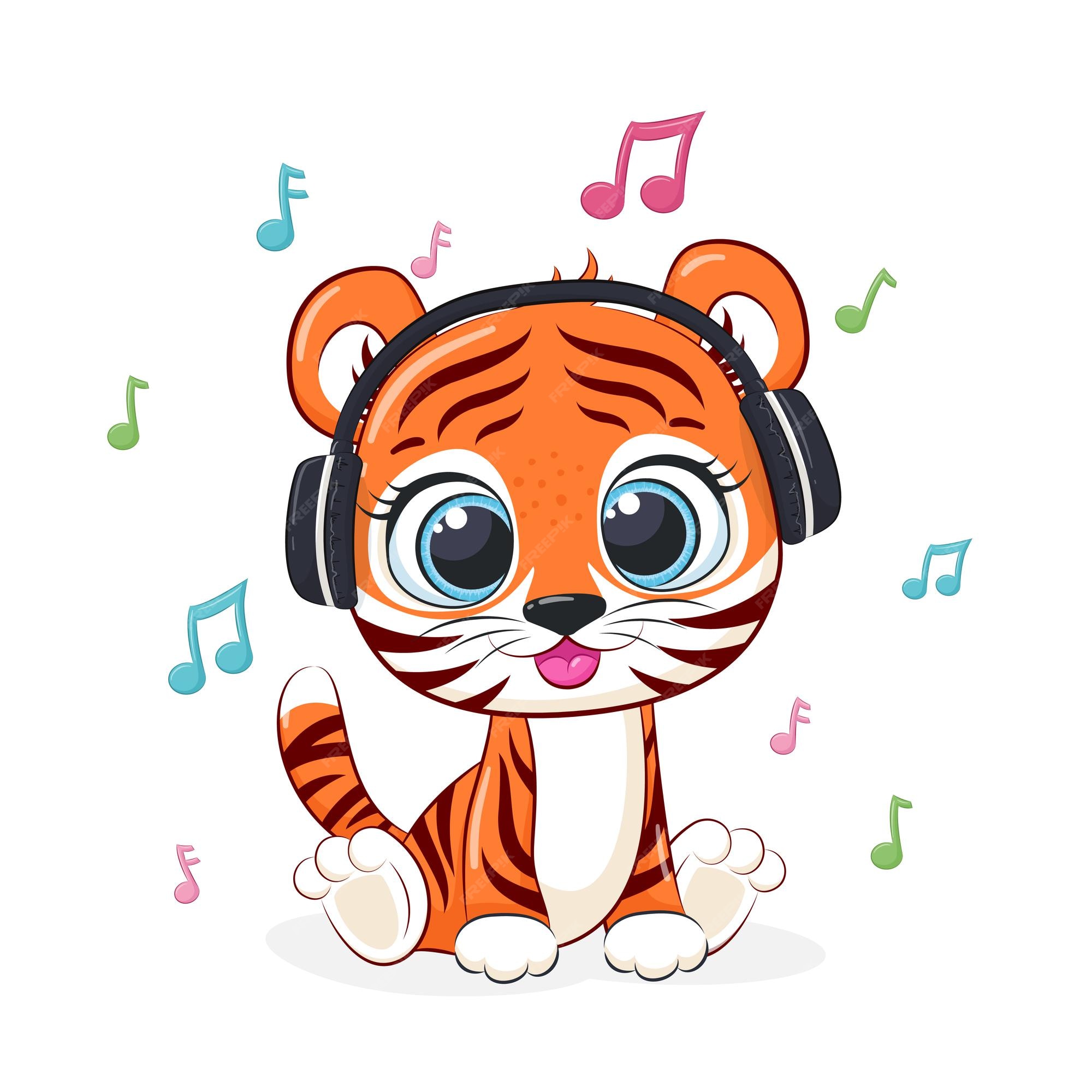 Menina panda bonito dos desenhos animados com fones de ouvido ouve