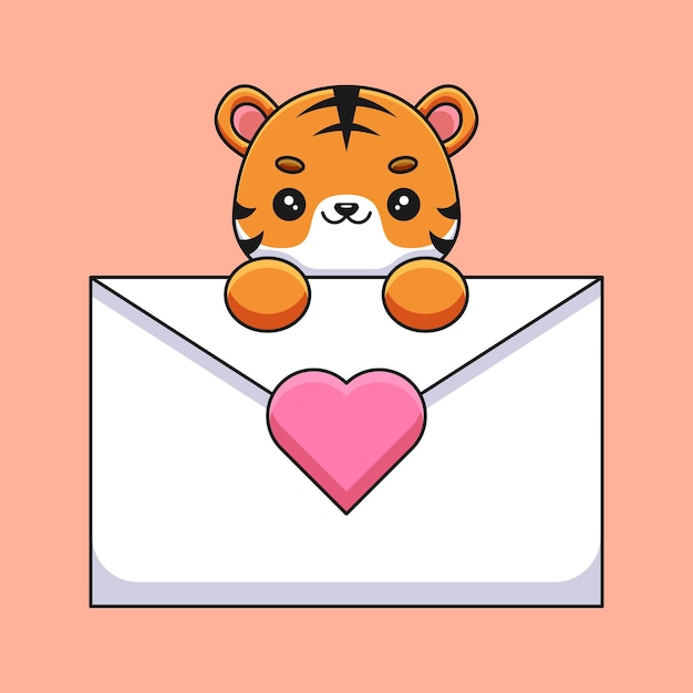 Tigre bonito segurando uma carta de amor mascote dos desenhos animados doodle arte mão desenhada contorno conceito vetor ilustração ícone kawaii