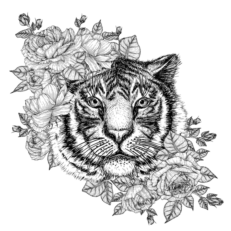 Vetor tigre cercado por flores rosas em estilo de gravação