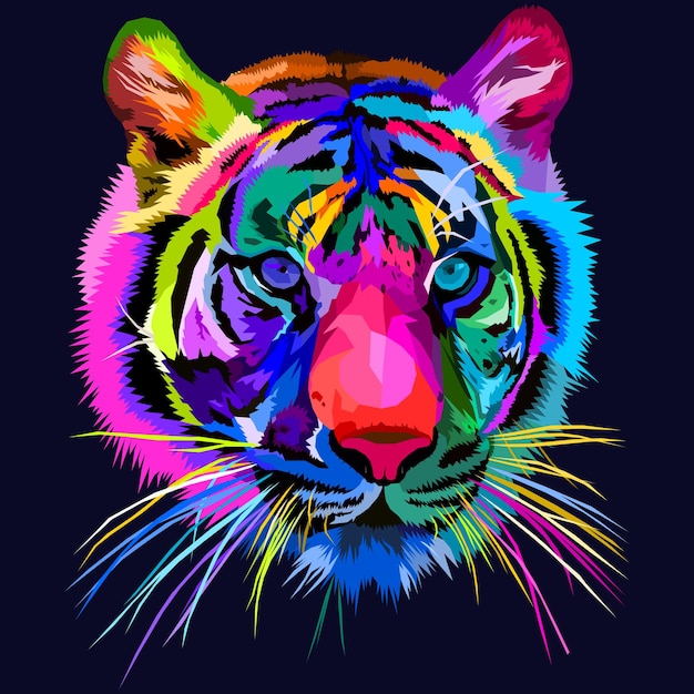 Tigre colorido isolado no fundo azul. ilustração vetorial.