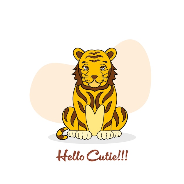 Vetor tigre de desenho animado bonito sentado em um fundo abstrato ilustrações vetoriais com texto hello cutie