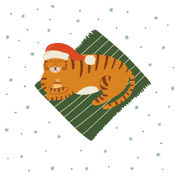 Tigre de natal no chapéu de papai noel deitado no tapete tigre doméstico bonito 2022 símbolo de ano novo tigre com elemento gráfico de presente ilustração vetorial dos desenhos animados para férias de inverno animal de feliz natal