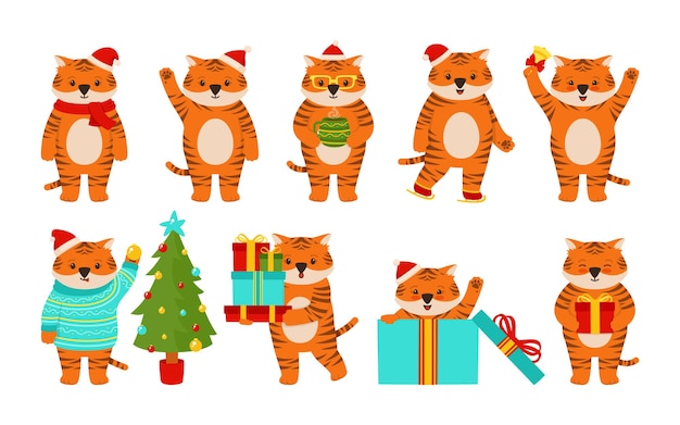 Tigre de natal, personagem animal, mascote, ano novo, com chapéu de papai noel e árvore com caixa de presente