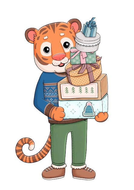 Tigre de pai de ano novo com presentes apresenta ilustração vetorial