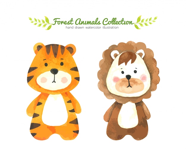 Tigre e Leão Cartoon aquarela, animal da floresta Mão desenhada personagem pintado para crianças