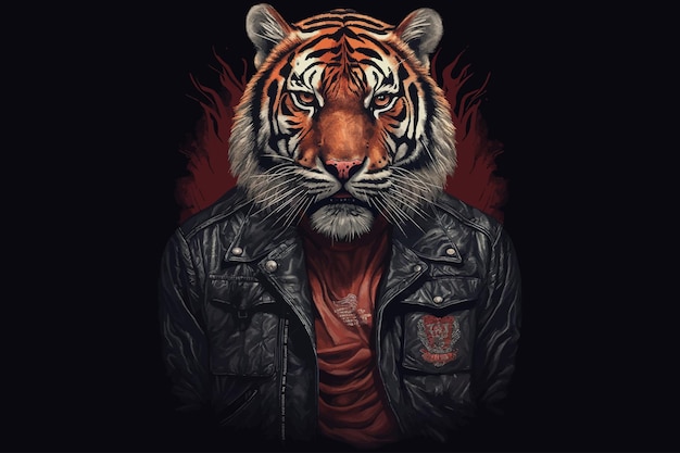 Tigre em uma jaqueta de couro em uma ilustração vetorial de fundo escuro