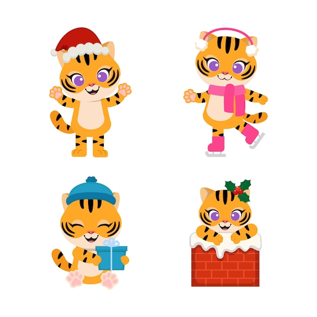 Tigre fofo celebra o natal em várias poses