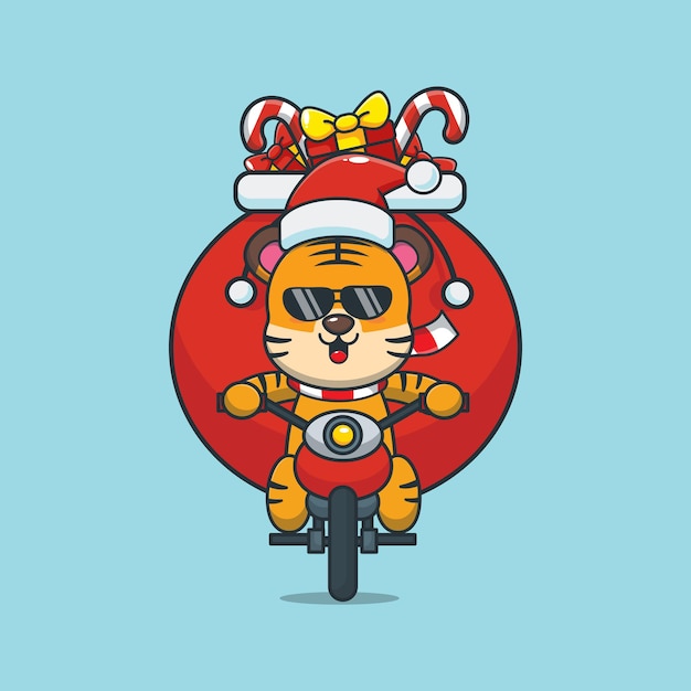 Tigre fofo com chapéu de papai noel andando de motocicleta ilustrações fofas de desenhos animados de natal