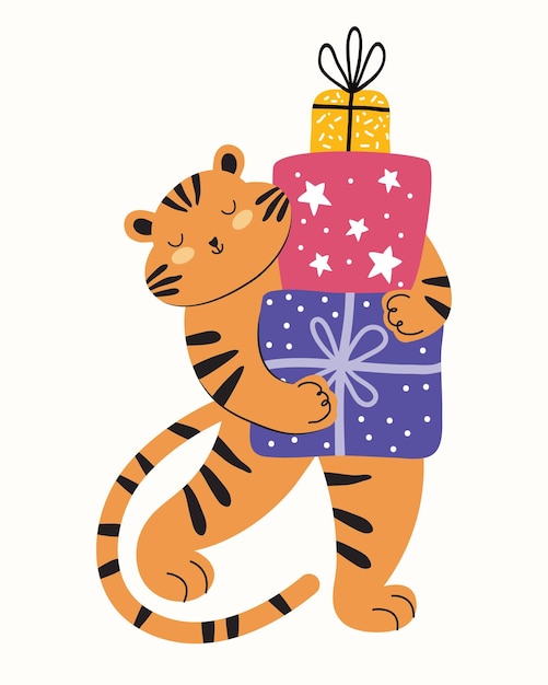 Tigre fofo com uma grande pilha de presentes animal de natal e ano novo, símbolo dos chineses