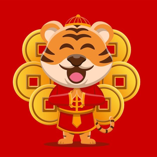 Tigre fofo cumprimentando feliz ano novo chinês de 2022 em design plano