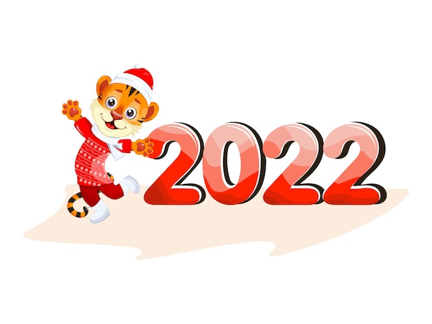 Tigre fofo e feliz com um suéter vermelho e um chapéu com os números 2022. natal e ano novo