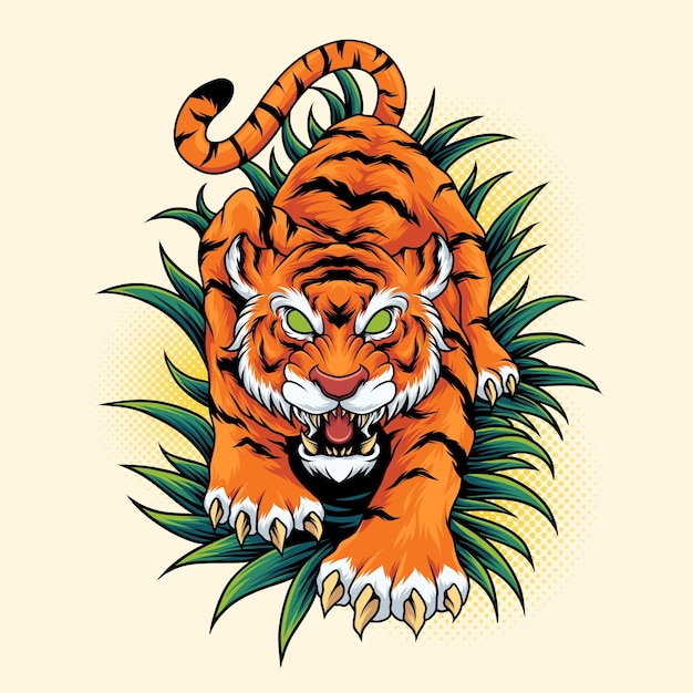 Vetor tigre se esgueirando na selva