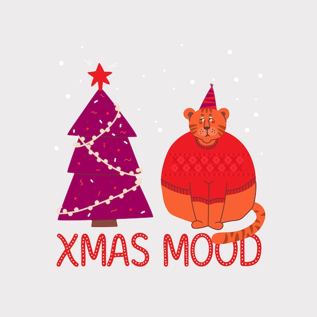 Tigre triste e mal-humorado com uma camisola olha para a árvore de natal. letras de clima de natal.