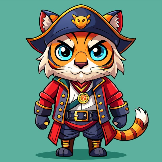 Vetor tigre vestindo traje de pirata desenhado à mão plano estiloso adesivo de desenho animado conceito de ícone isolado