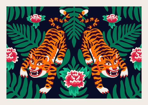 Tigres e folhas de palmeira e flores em estilo asiático de desenho animado