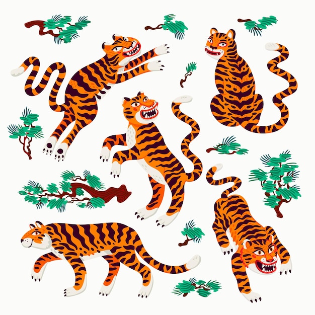 Tigres em várias poses e galhos de pinheiro japonês em desenho animado estilo asiático