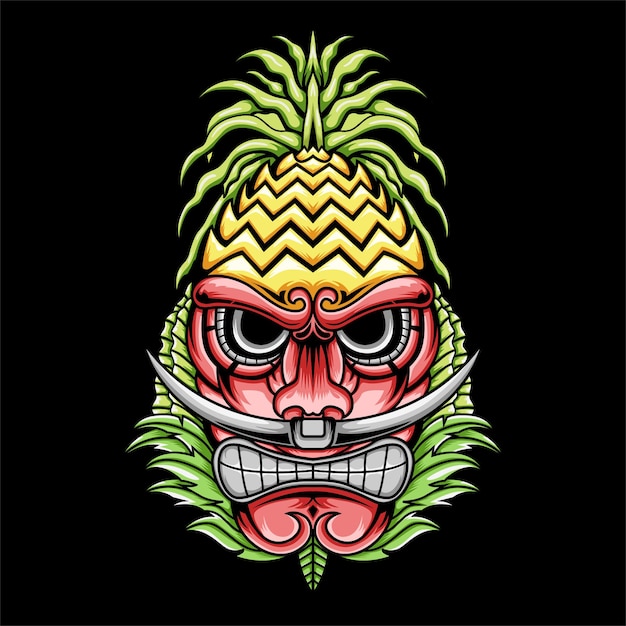 Tiki colorido irritado com ilustração de chapéu de abacaxi