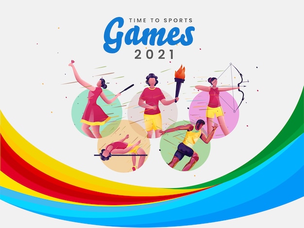 Vetor time to sport games 2021 com cartoon athletics em diferentes poses