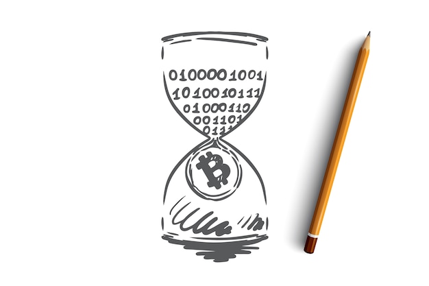 Timestamp, bitcoin, blockchain, moeda, conceito digital. Renda passiva desenhada de mão, esboço do conceito de mineração.