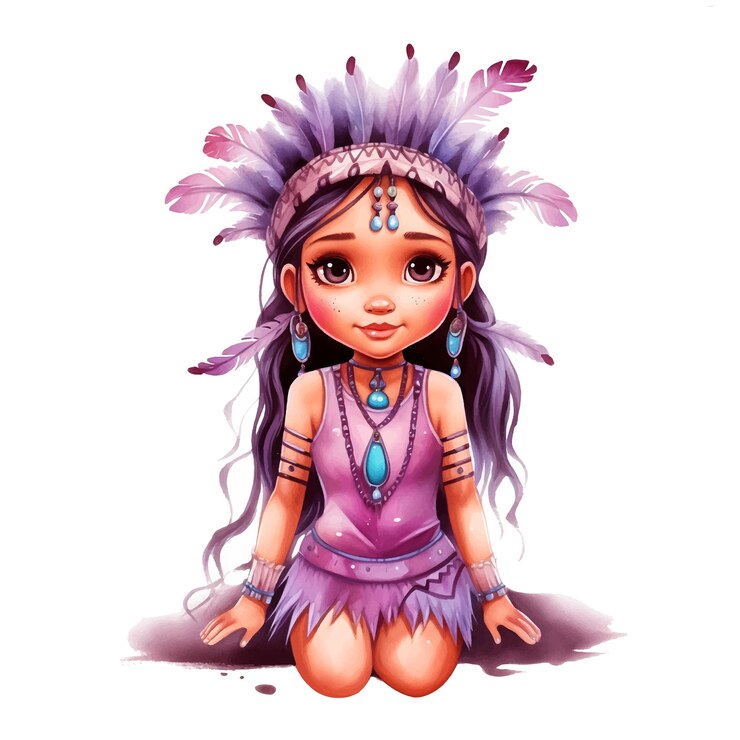 Vetor tinta aquarela de menina nativa americana