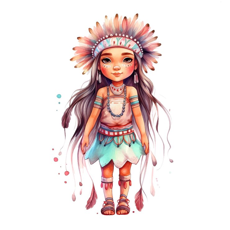 Vetor tinta aquarela de menina nativa americana