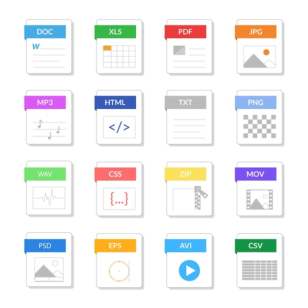 Tipo de arquivo sinais de cor icons set incluir de pdf jpg png mp3 doc html avi e eps ilustração vetorial