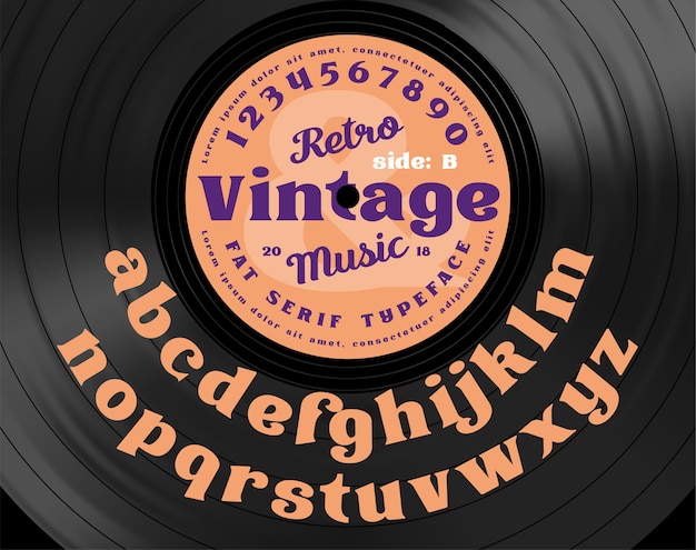 Vetor tipo de letra em negrito com serifa vintage retrô. letras do alfabeto no fundo do disco de vinil.
