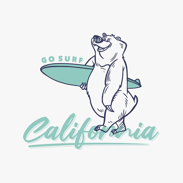 Tipografia com slogan vintage vá surfar califórnia um urso carregando uma prancha de surf para uma camiseta