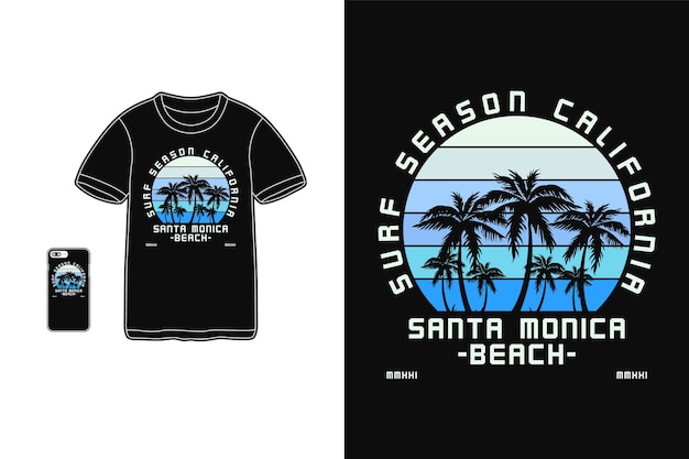 Tipografia da temporada de surf da califórnia em produtos para camisetas e dispositivos móveis