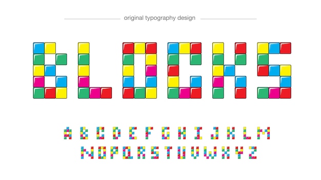 Vetor tipografia de desenho animado de bloco de tetris colorido