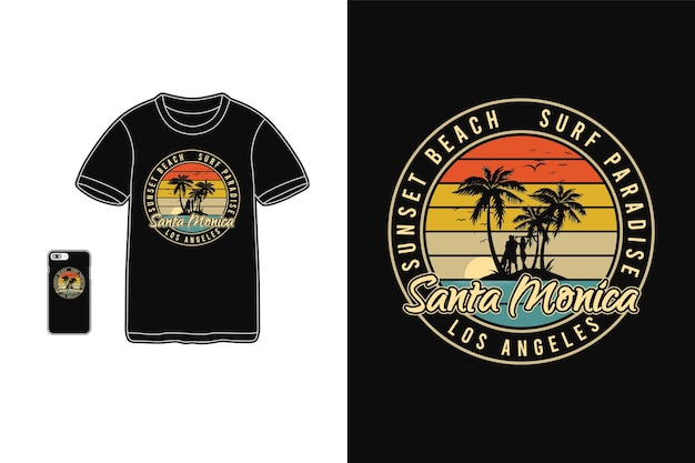 Tipografia de santa monica em produtos para camisetas e dispositivos móveis